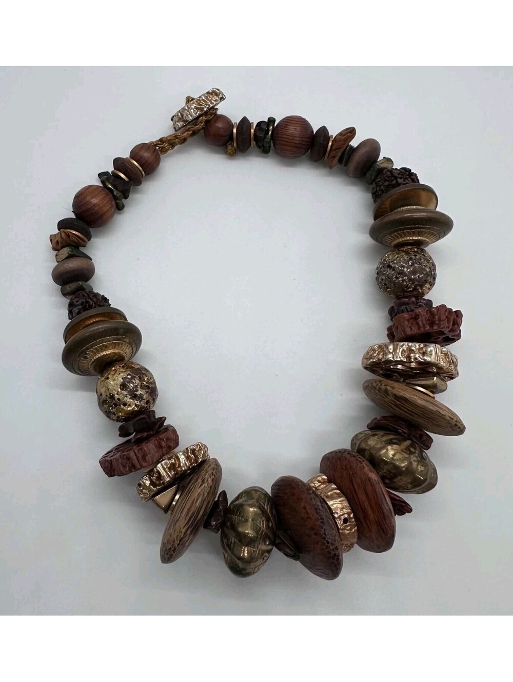 Chunky Brown Wood Beaded Statement Necklace Gold Tone Boho EUC